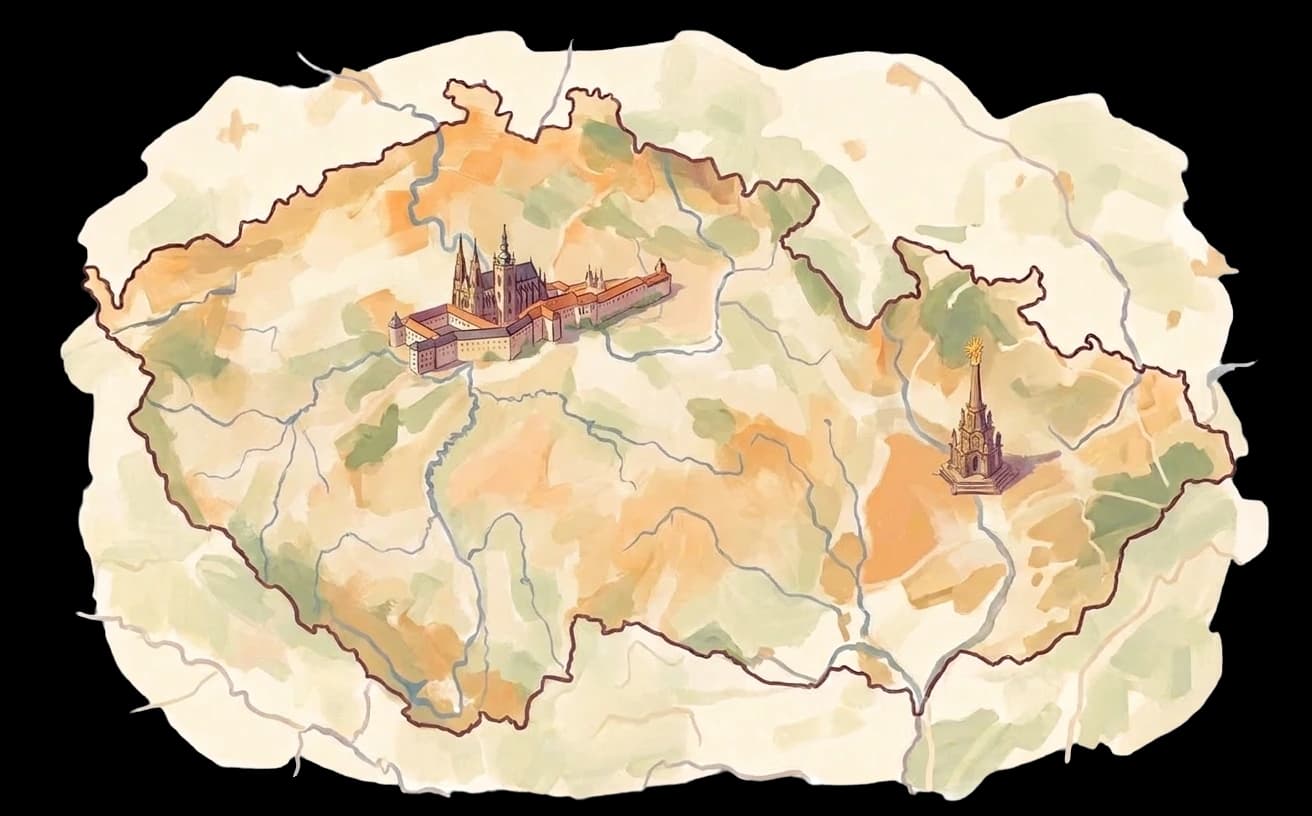 Ručně malovaná mapa Česka s Prahou a Olomoucí.