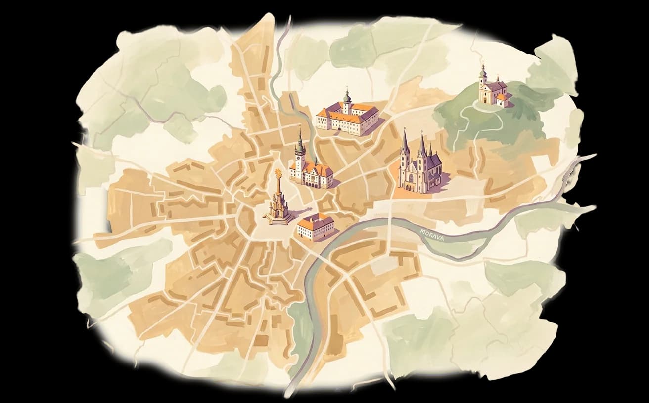 Ručně malovaná mapa Olomouce s vyznačením městských částí a okolí.