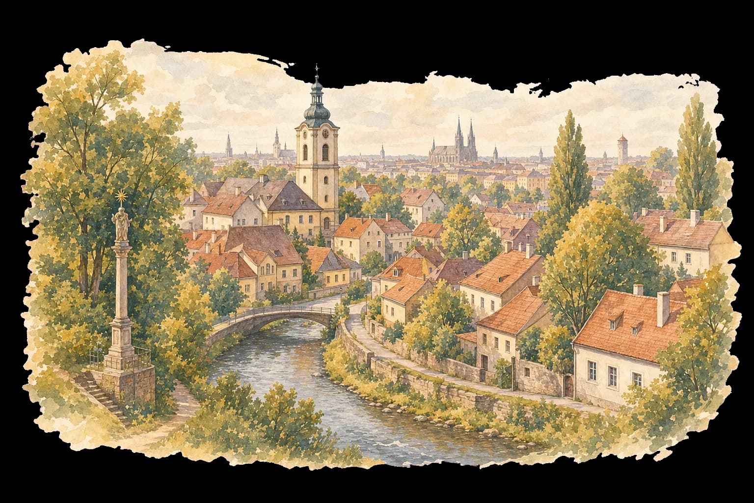 Akvarelová ilustrace Bělidel s Bystřičkou, historickou zvonicí a křivolakými uličkami