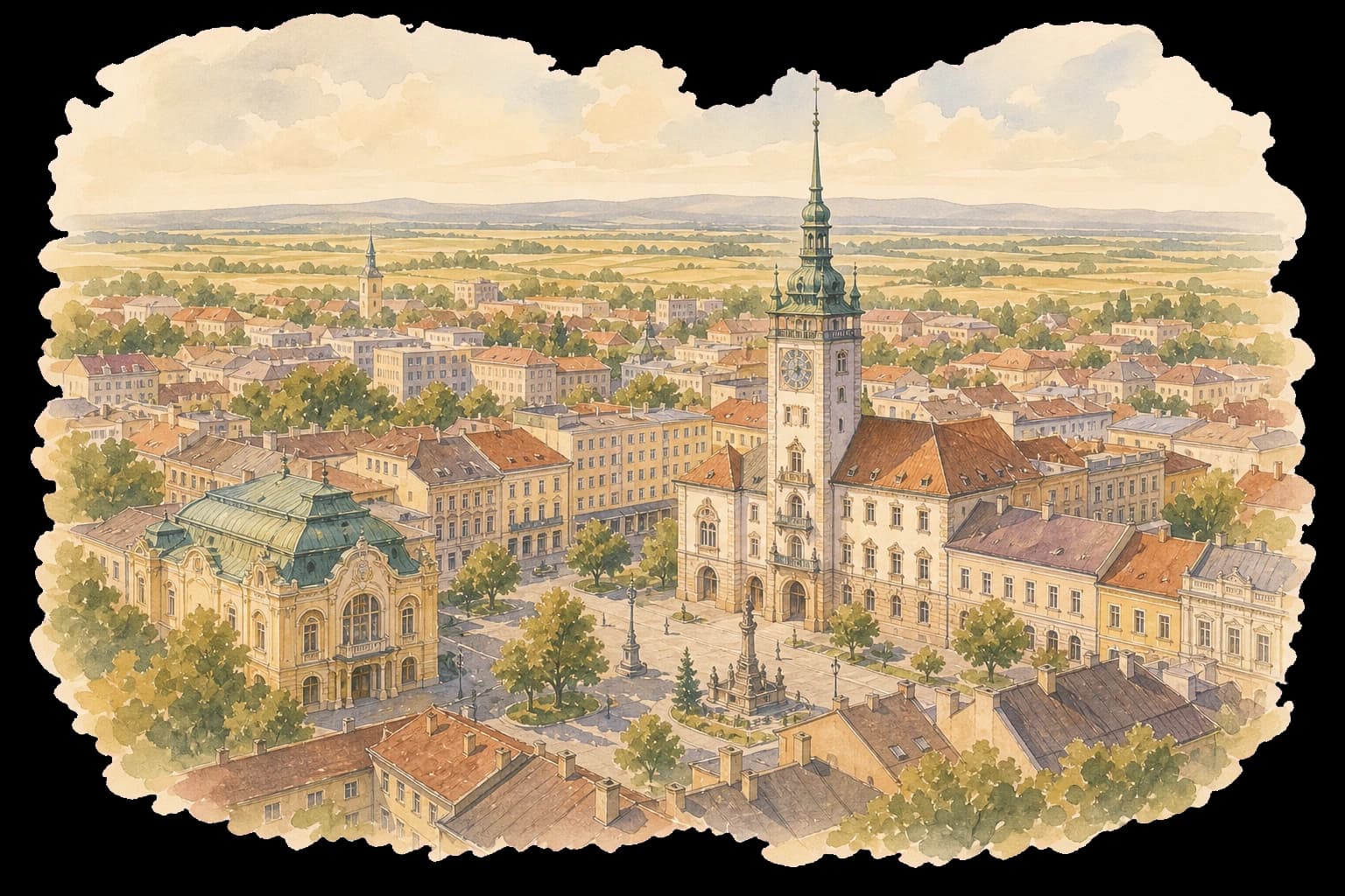 Akvarelová ilustrace Prostějova s Novou radnicí, Národním domem a hlavním náměstím